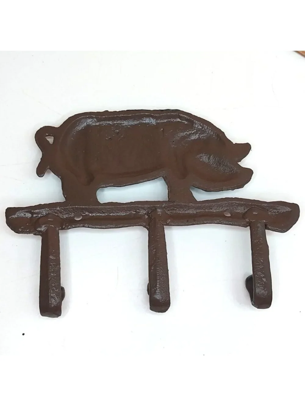 Cast Iron Pig Shaped Triple Wall Hook Key Rack Rustic Brown Finish BBQ Farmhouse